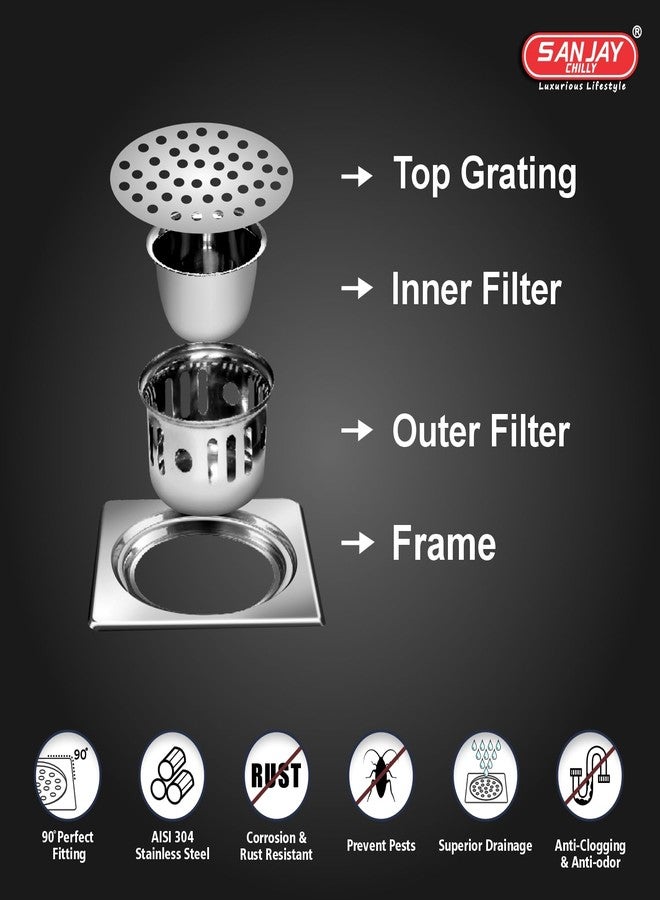 Sanjay Chilly Square Floor Drainer for Bathroom | Floor Drain Jali with Cockroach Trap Bathroom Gratings | Stainless Steel 304 Grade Sink Strainer Kitchen Hair Catcher (4 x 4 INCHES) - Image 5